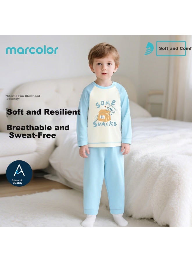 Marcolor Baby Toddler Autumn Thermal Underwear Set Comfortable Sleepwear Uni Homewear Iron Gray Cat Snack 140 - Image 1