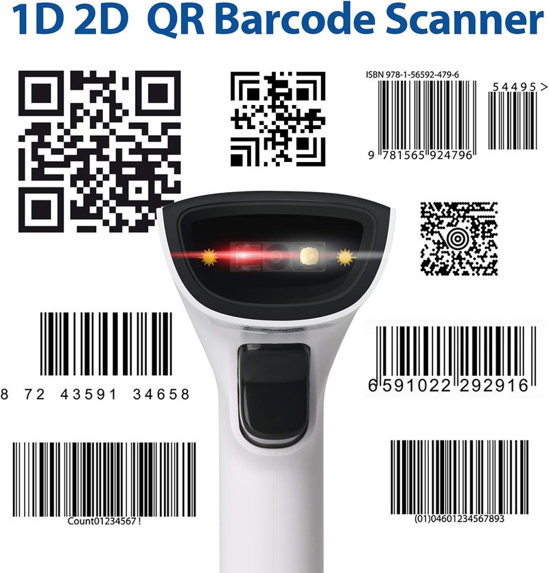 Sumicor 2D Barcode Scanner, White Black Handheld Bar Code Scanner 3 in 1 USB Wired & 2.4G Wireless & Bluetooth QR Code Micro PDF417 1D Barcode Scanner with Vibration - Image 2