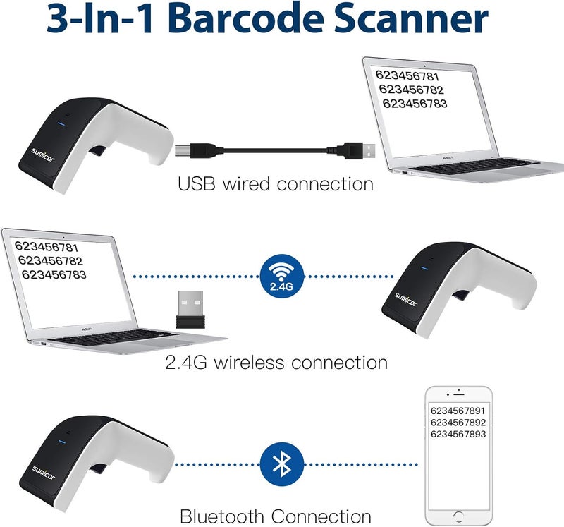 Sumicor 2D Barcode Scanner, White Black Handheld Bar Code Scanner 3 in 1 USB Wired & 2.4G Wireless & Bluetooth QR Code Micro PDF417 1D Barcode Scanner with Vibration - Image 3