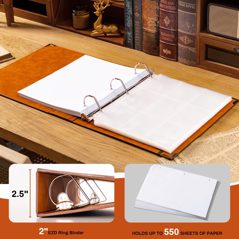 Ovesmusl Leather D Ring Binder Fits 8.5"x11" Letter Size Paper, 2 Inch D-Ring Binders Holds 550 Sheets, Notepad Paper Cover Loose Leaf Organizer with Inner Pockets, Green Tree - Image 2