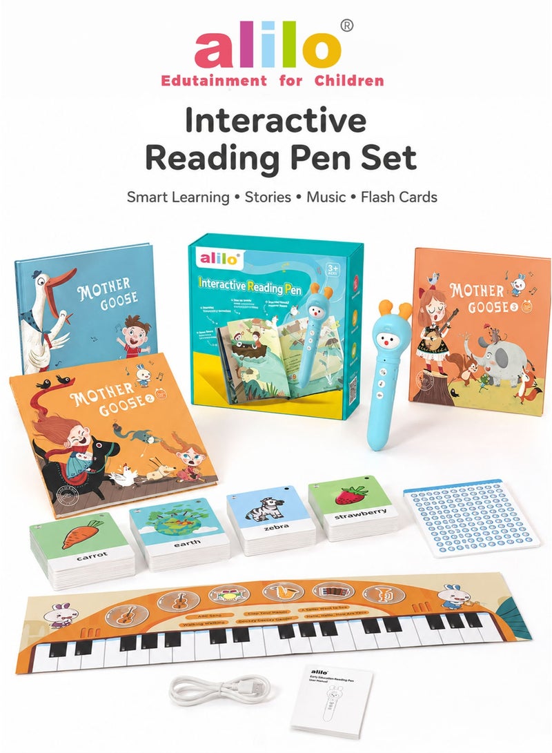 alilo Interactive Reading Pen Set for Kids 3-6 Years Smart Talking Flash Cards Educational Learning Toy with Reading Pen 3 Mother Goose Nursery Rhyme Books 100 Flash Cards 540 Recording Stickers Alphabet Piano Card Stories Lullabies Music Sound Effects Rechargeable Type-C Early English Learning Gift - Image 1