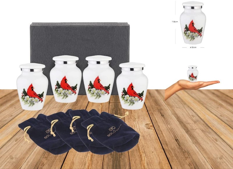 BOLD & DIVINE Small Cardinal Bird Keepsake Urns |for Human Ashes |Handcrafted | Mini Urn Set of 4 with Premium Box & Funnel - Image 3