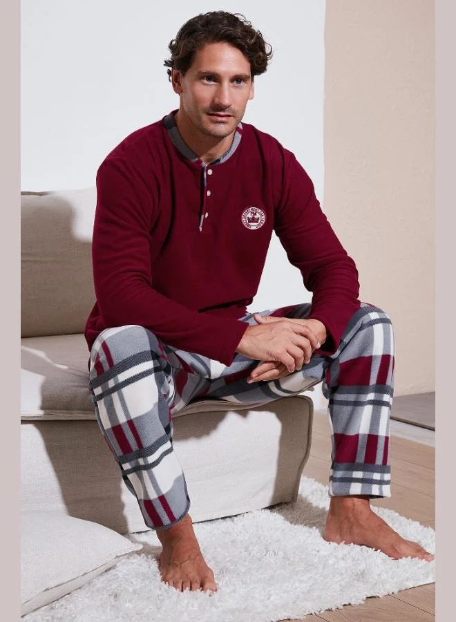 Buratti Plaid Regular Fit Buttoned Crew Neck Winter Fleece Pajama Set Men's PAJAMAS SET 60961008