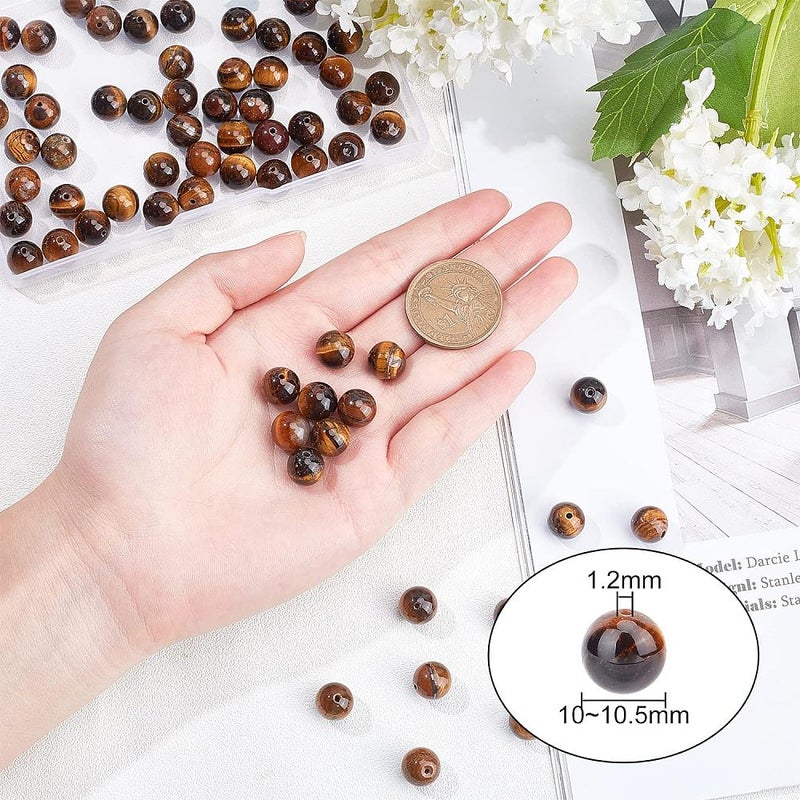 علبة واحدة من خرز عين النمر المستدير من الدرجة AB، خيوط بقطر 10-10.5 مم، فتحة بقطر 1.2 مم، حوالي 36 حبة/خيط، طول 15.5 بوصة، خيطان. - Image 2