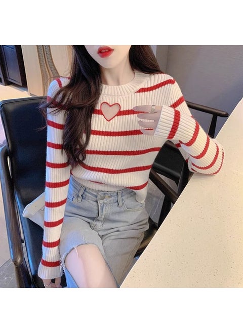 Stylish Hollow Heart Striped Knitted Top Womens Autumn Collection Style Round Neck Pullovers Slims Silhouette Base Layer Top Red [love style] grade good-looking +98%