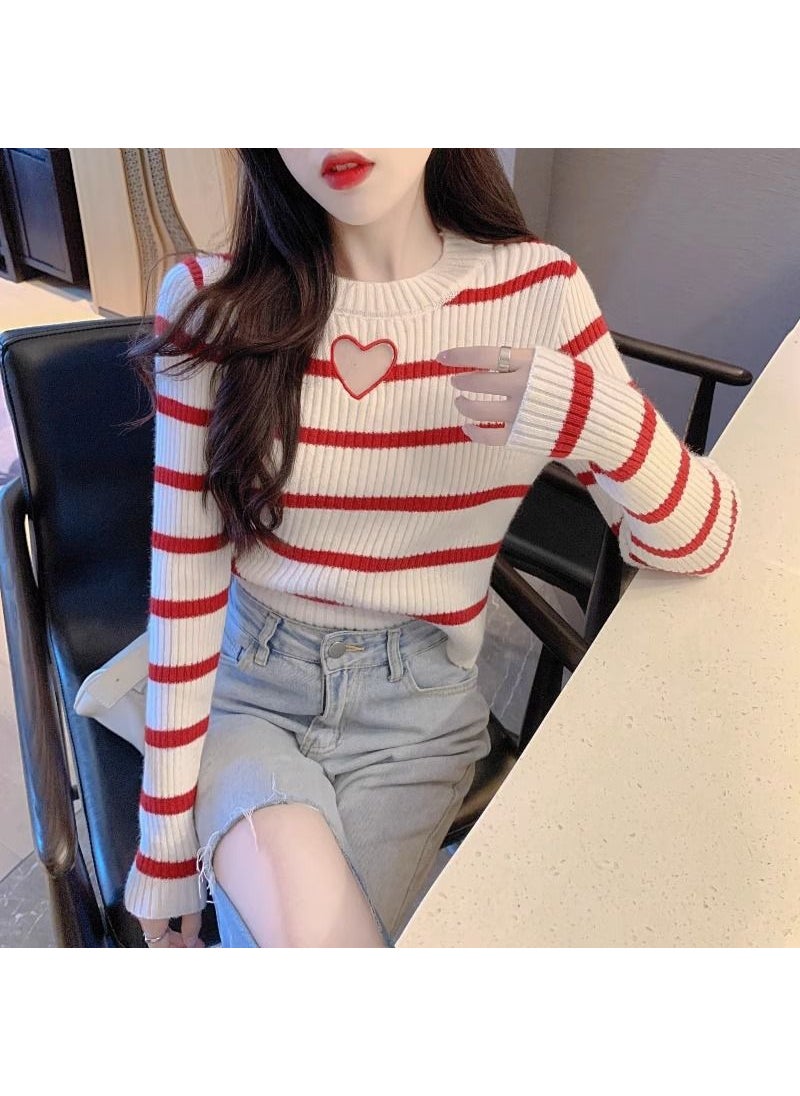 Generic - Stylish Hollow Heart Striped Knitted Top Womens Autumn Collection Style Round Neck Pullovers Slims Silhouette Base Layer Top Red [love style] grade good-looking +98% - Image 1
