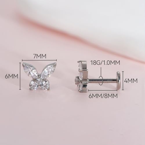 Limerencia 2Pcs 18g Titanium Internally Threaded Tragus Piercing Jewelry Nose Studs Flat Back Earrings Labret, Lip, Helix, Cartilage, Conch Piercing for Women Sensitive Ears(Butterfly Clear CZ-Silver) - Image 3