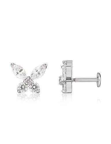 Limerencia 2Pcs 18g Titanium Internally Threaded Tragus Piercing Jewelry Nose Studs Flat Back Earrings Labret, Lip, Helix, Cartilage, Conch Piercing for Women Sensitive Ears(Butterfly Clear CZ-Silver) - Image 1