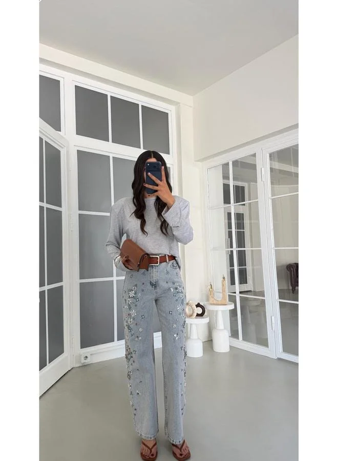 Ice Blue Stone-Embellished Premium Jeans GAUS-01954.
