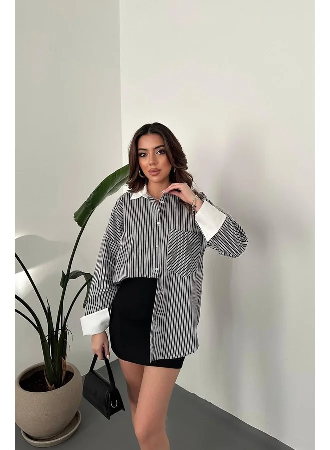 END BLACK Black Striped Poplin Long Sleeve Shirt L.