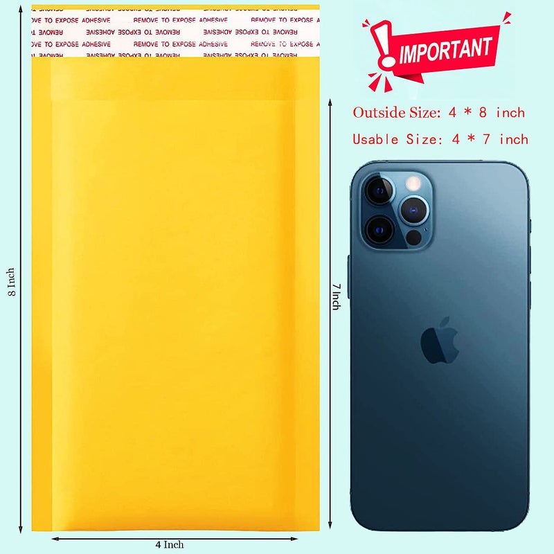 packbabol Kraft Bubble Mailers 4x8 Inch 100 Pcs,Small Self-Sealing Mail Shipping Bags,Yellow Padded Envelopes #000 - Image 2