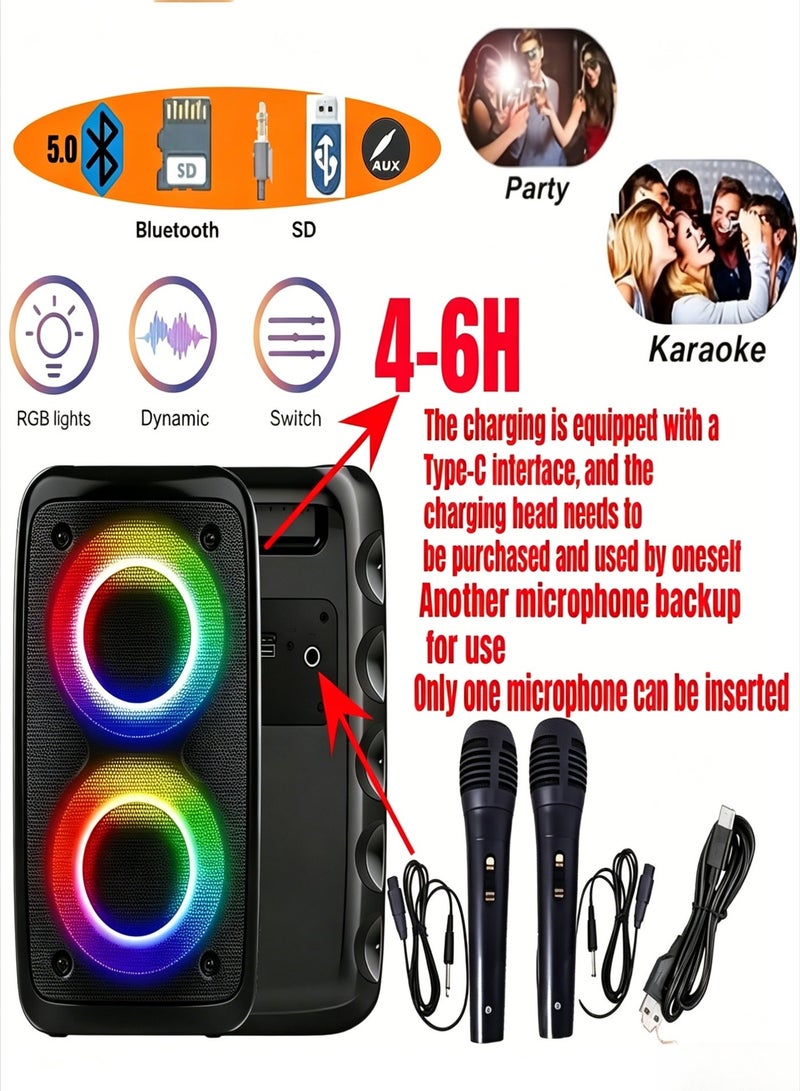 AETHER Portable Bluetooth Speaker Wireless Speaker with With two wired microphones Loud Stereo Sound Outdoor Speaker with Bluetooth 5.0 Deep Bass RGB Lights 4-6 H Playtime for Home Party - Image 4