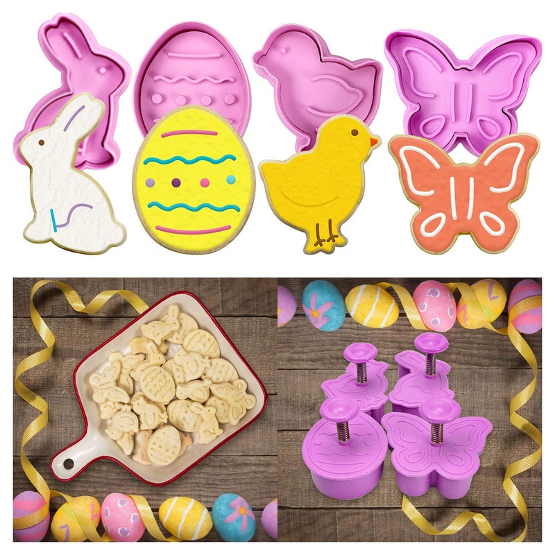 Mini 3D Easter Cookie Cutters Set Easter Fondant Biscuit Pastry Cookie Cutter Stamp Spring SpringLoaded Handle Cutter Shape with Eggs Chick Butterfly 4 PCS