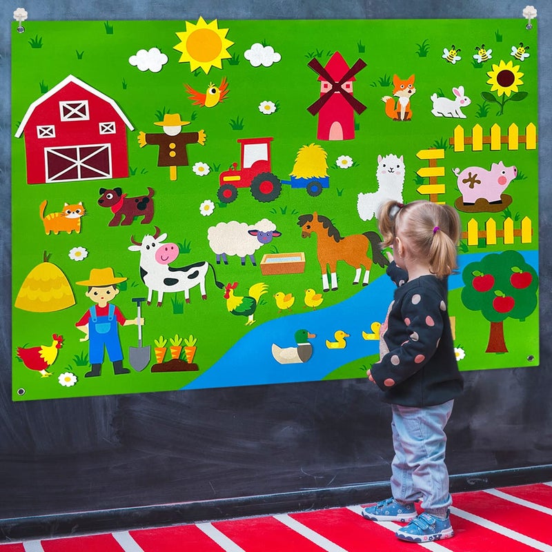 OKGIUGN 61 Pcs Farm Animals Story Felt Board 36 Ft Farmhouse Themed Play Mat Wall Hanging Kit Toys Birthday Gift for Toddlers Childrens - Image 2