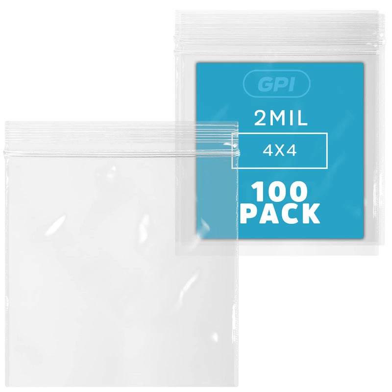 CLEAR PLASTIC RECLOSABLE ZIP BAGS - Bulk GPI Pack Of 100 4" x 4" 2 mil Thick Strong & Durable Poly Baggies With Resealable ZIP Top Lock For Travel, Storage, Packaging & Shipping.