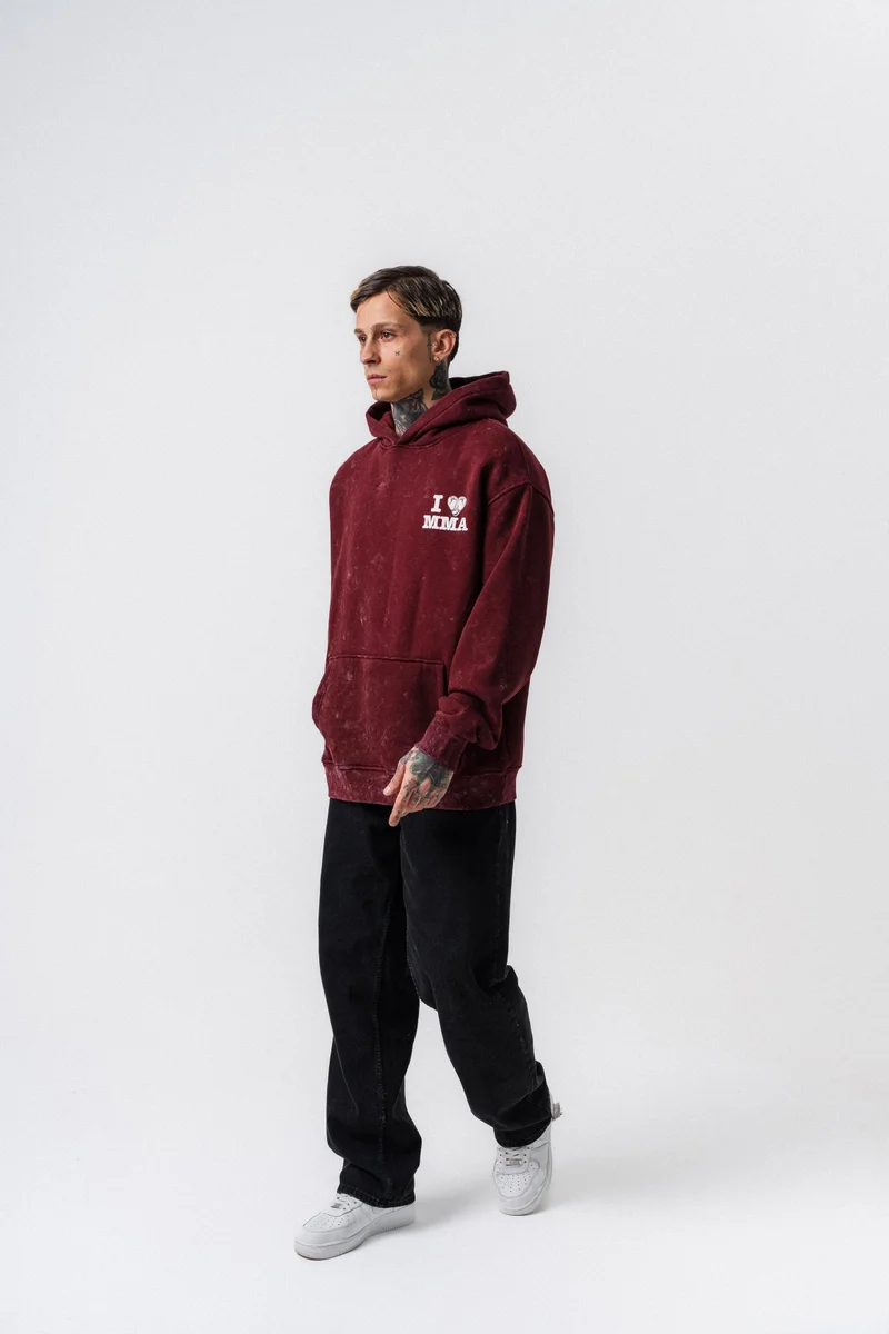 ريسباير هودي رجالي واسع (Oversize) بغطاء رأس مطبوع بعبارة "MMA" لون خمري (Bordo)