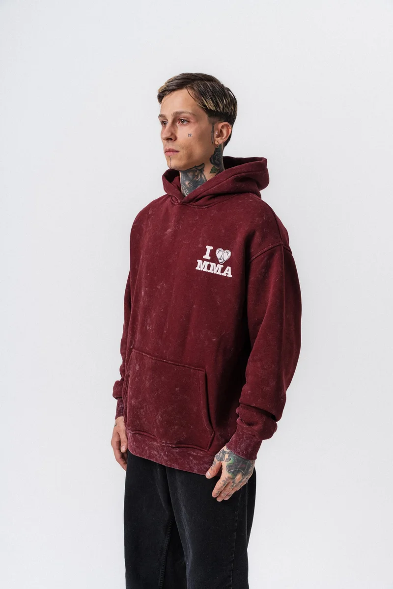 ريسباير هودي رجالي واسع (Oversize) بغطاء رأس مطبوع بعبارة "MMA" لون خمري (Bordo)