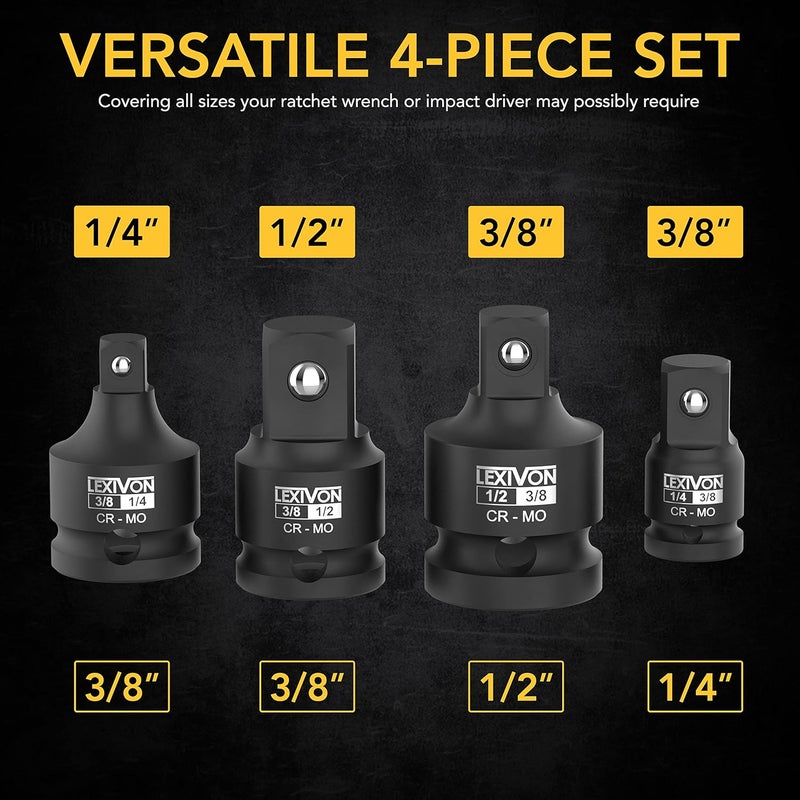 LEXIVON Impact Socket Adapter and Reducer 4-Piece Set | 1/4" - 3/8" - 1/2" Impact Driver Conversions, Chrome Molybdenum alloy steel (LX-112) - Image 3