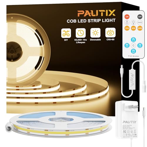 PAUTIX COB LED Strip Light 16.4ft,Engineering Level UL Listed Warm White 3000K,CRI93+ Super Bright High Lumen,Dimmable 24V Flexible LED Tape Light with RF Remote,for Cabinets,Home&Office DIY Lighting - Image 1