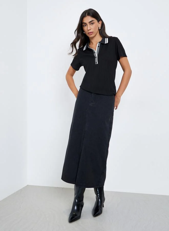 Styli Styli Black Rib Knit Polo T-Shirt