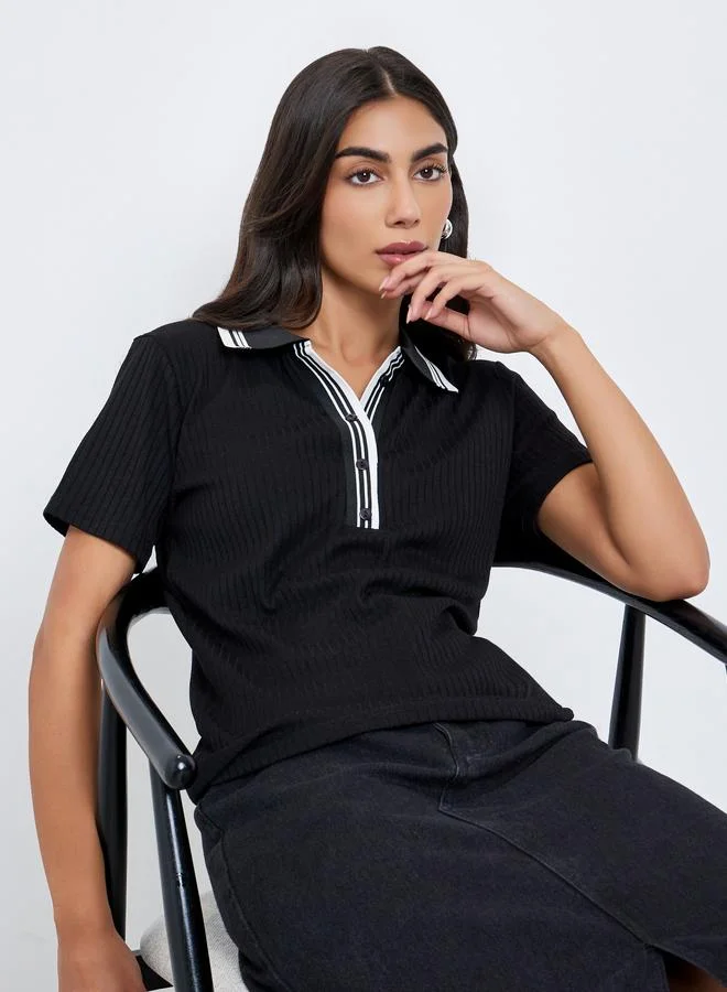 Styli Styli Black Rib Knit Polo T-Shirt