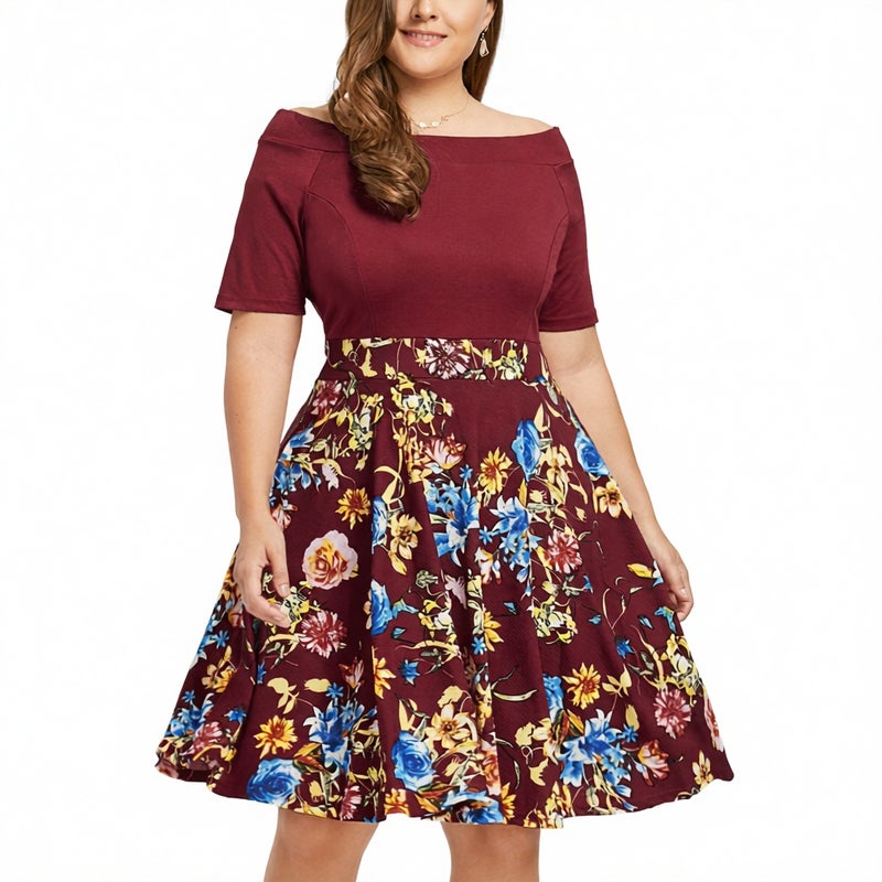 Women's Printed One-Shoulder Short Sleeve Flared Stretch Plus Size Dress XL-5XL - Image 1