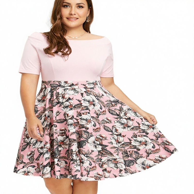 Women's Printed One-Shoulder Short Sleeve Flared Stretch Plus Size Dress XL-5XL - Image 3