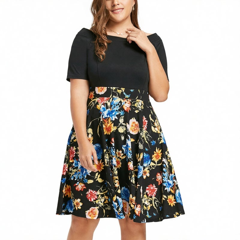 Women's Printed One-Shoulder Short Sleeve Flared Stretch Plus Size Dress XL-5XL - Image 2
