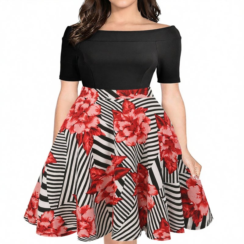 Women's Printed One-Shoulder Short Sleeve Flared Stretch Plus Size Dress XL-5XL - Image 4