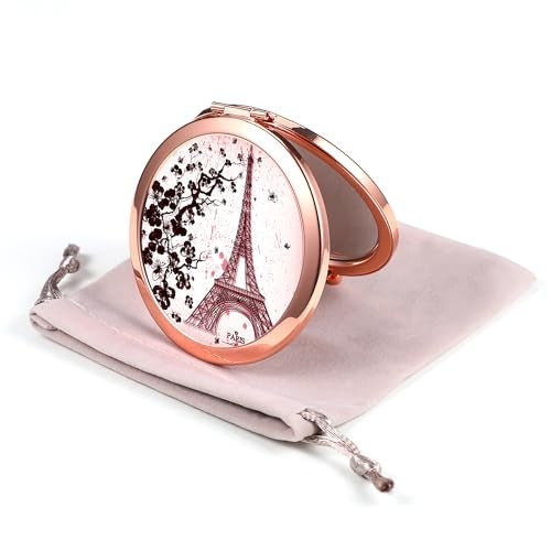 Dynippy Compact Mirror Rose Gold Makeup Mirror Folding Mini Pocket Mirror Portable Hand Mirror DoubleSided 2 x 1x Magnification for Woman Girls AEiffel Tower