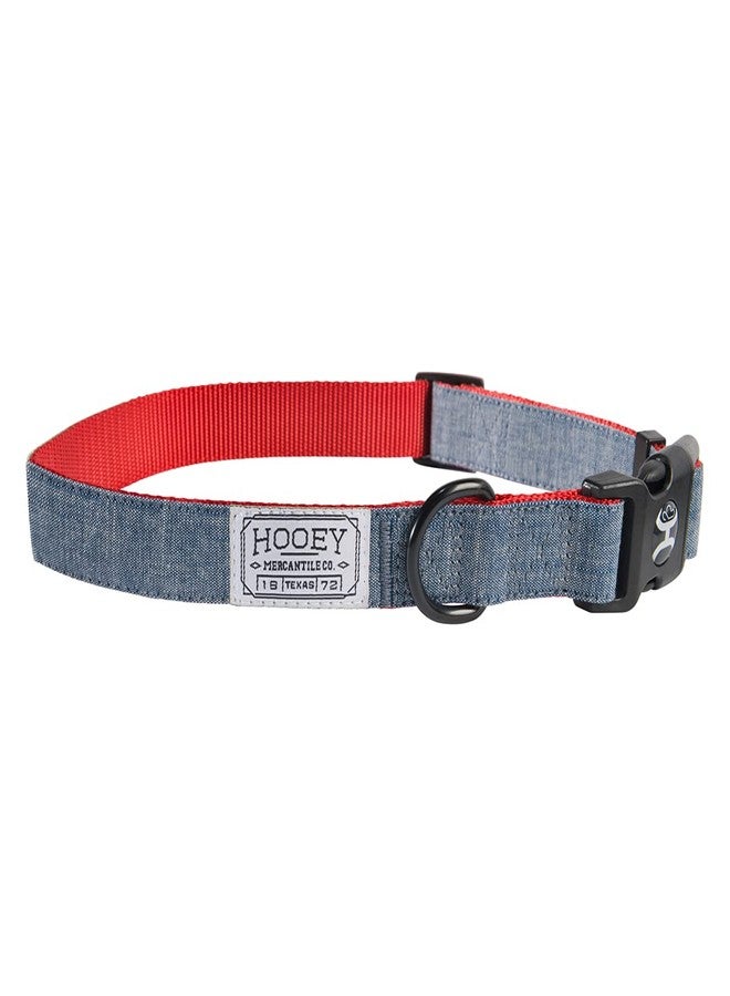 HOOEY Mercantile Dog Collar, Durable 2-Ply Polyester Webbing and Fabric Face Dog Collar, Denim/Red, Large - Image 1