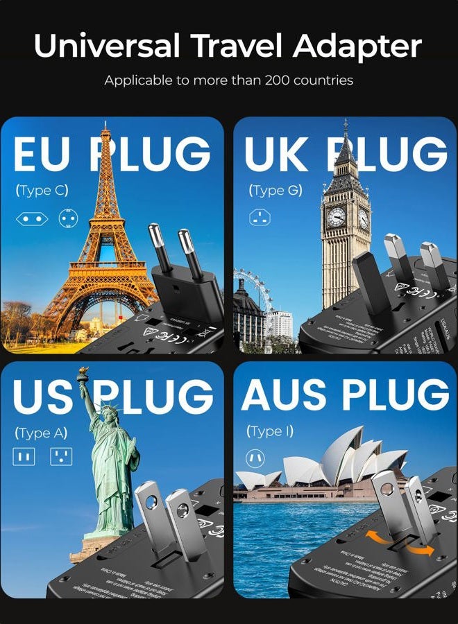 Lencent Universal Travel Power Adapter, International AC Plug Adaptor with 2 USB C 2 USB A Ports Wall Charger Worldwide Travel Essentials for US to EU UK Ireland Australia (Type C/G/A/I) Black - Image 2