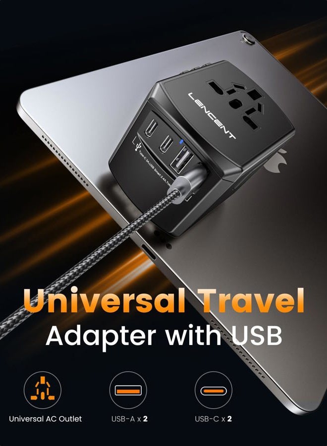 Lencent Universal Travel Power Adapter, International AC Plug Adaptor with 2 USB C 2 USB A Ports Wall Charger Worldwide Travel Essentials for US to EU UK Ireland Australia (Type C/G/A/I) Black - Image 3
