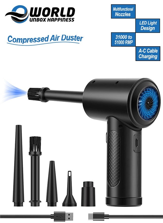 High-Speed Cordless Compressed Air Duster with LED Light, Portable Design, 6000mAh Rechargeable Battery, 3 Speed Modes, 5 Nozzles for Computer Cases, Keyboards, Cars and More.