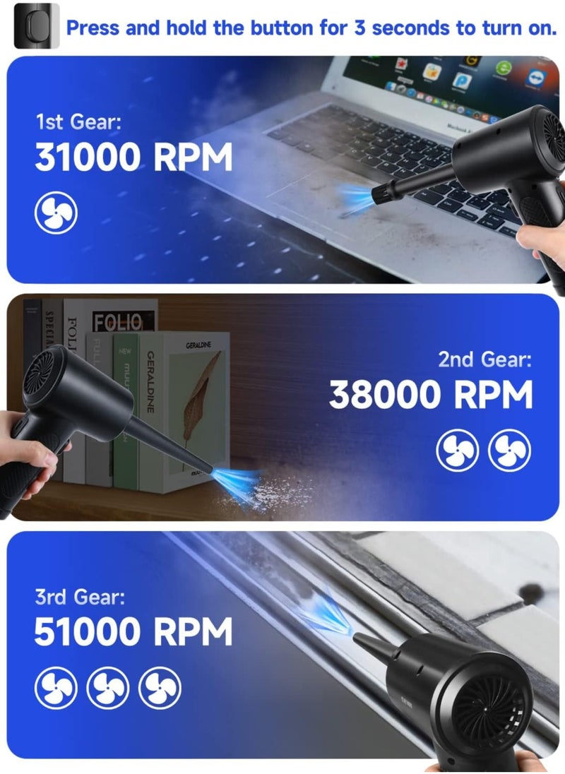 High-Speed Cordless Compressed Air Duster with LED Light, Portable Design, 6000mAh Rechargeable Battery, 3 Speed Modes, 5 Nozzles for Computer Cases, Keyboards, Cars and More.