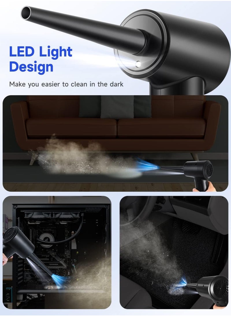 High-Speed Cordless Compressed Air Duster with LED Light, Portable Design, 6000mAh Rechargeable Battery, 3 Speed Modes, 5 Nozzles for Computer Cases, Keyboards, Cars and More.