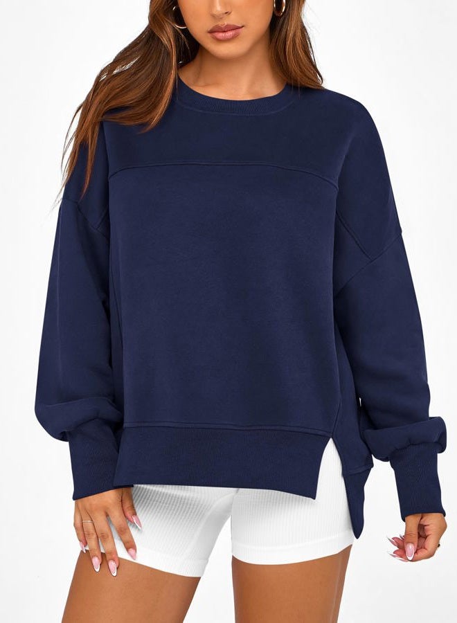 BTFBM Women's Casual Crewneck Sweatshirts 2024 Fall Winter Clothes Long Sleeve Side Slit Workout Fleece Pullover Tops(Navy, Large) - Image 2