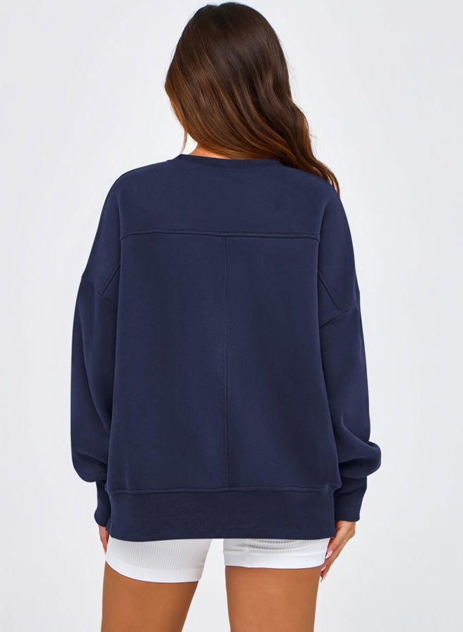 BTFBM Women's Casual Crewneck Sweatshirts 2024 Fall Winter Clothes Long Sleeve Side Slit Workout Fleece Pullover Tops(Navy, Large) - Image 4