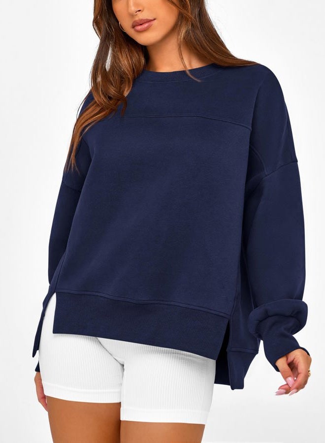 BTFBM Women's Casual Crewneck Sweatshirts 2024 Fall Winter Clothes Long Sleeve Side Slit Workout Fleece Pullover Tops(Navy, Large) - Image 3