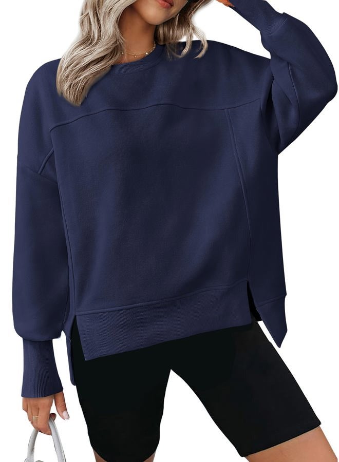 BTFBM Women's Casual Crewneck Sweatshirts 2024 Fall Winter Clothes Long Sleeve Side Slit Workout Fleece Pullover Tops(Navy, Large) - Image 1