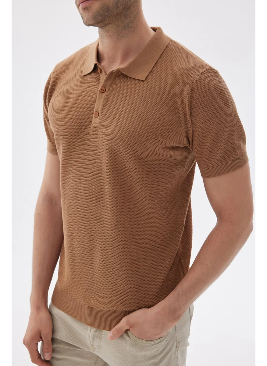 Odelon Men's Polo Neck Jacquard Knitwear T-Shirt Camel