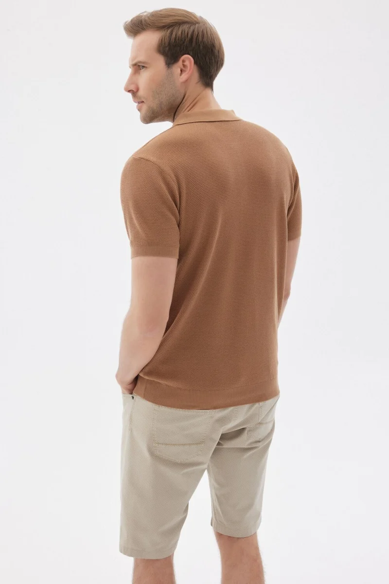 اوديلون Men's Polo Neck Jacquard Knitwear T-Shirt Camel