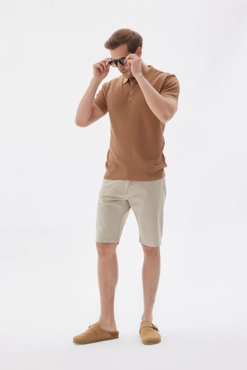 اوديلون Men's Polo Neck Jacquard Knitwear T-Shirt Camel