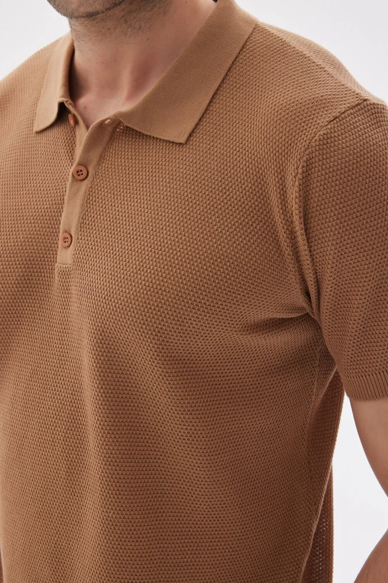 اوديلون Men's Polo Neck Jacquard Knitwear T-Shirt Camel