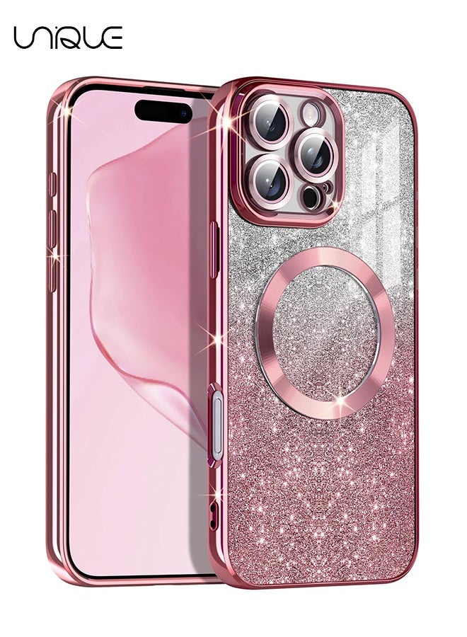 Unique For iPhone 16 Pro Case Glitter Magnetic Compatible with MagSafe Full Camera Lens Protection Luxury Plating Lovely  Bling Clear Shockproof Slim Phone Case for Women Girls, Pink - Image 1