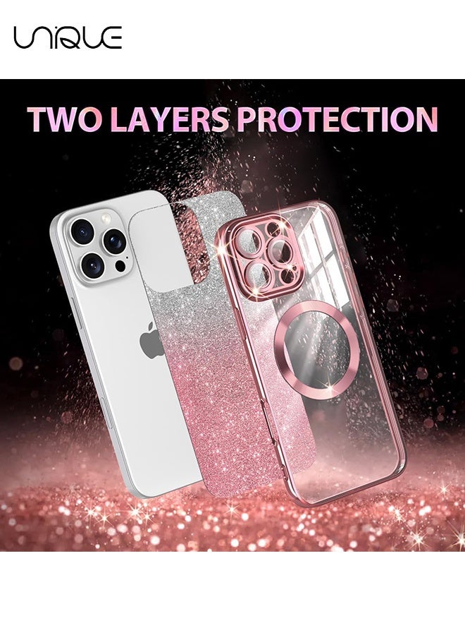 Unique For iPhone 16 Pro Case Glitter Magnetic Compatible with MagSafe Full Camera Lens Protection Luxury Plating Lovely  Bling Clear Shockproof Slim Phone Case for Women Girls, Pink - Image 2