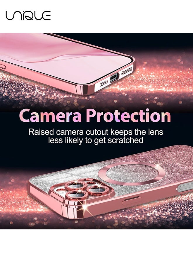 Unique For iPhone 16 Pro Case Glitter Magnetic Compatible with MagSafe Full Camera Lens Protection Luxury Plating Lovely  Bling Clear Shockproof Slim Phone Case for Women Girls, Pink - Image 4