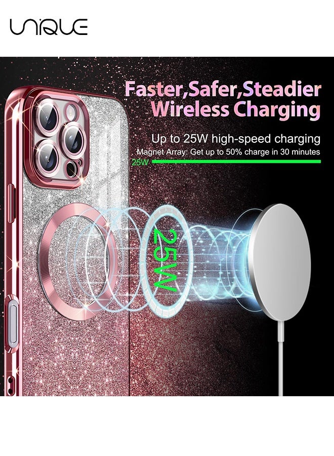 Unique For iPhone 16 Pro Case Glitter Magnetic Compatible with MagSafe Full Camera Lens Protection Luxury Plating Lovely  Bling Clear Shockproof Slim Phone Case for Women Girls, Pink - Image 5