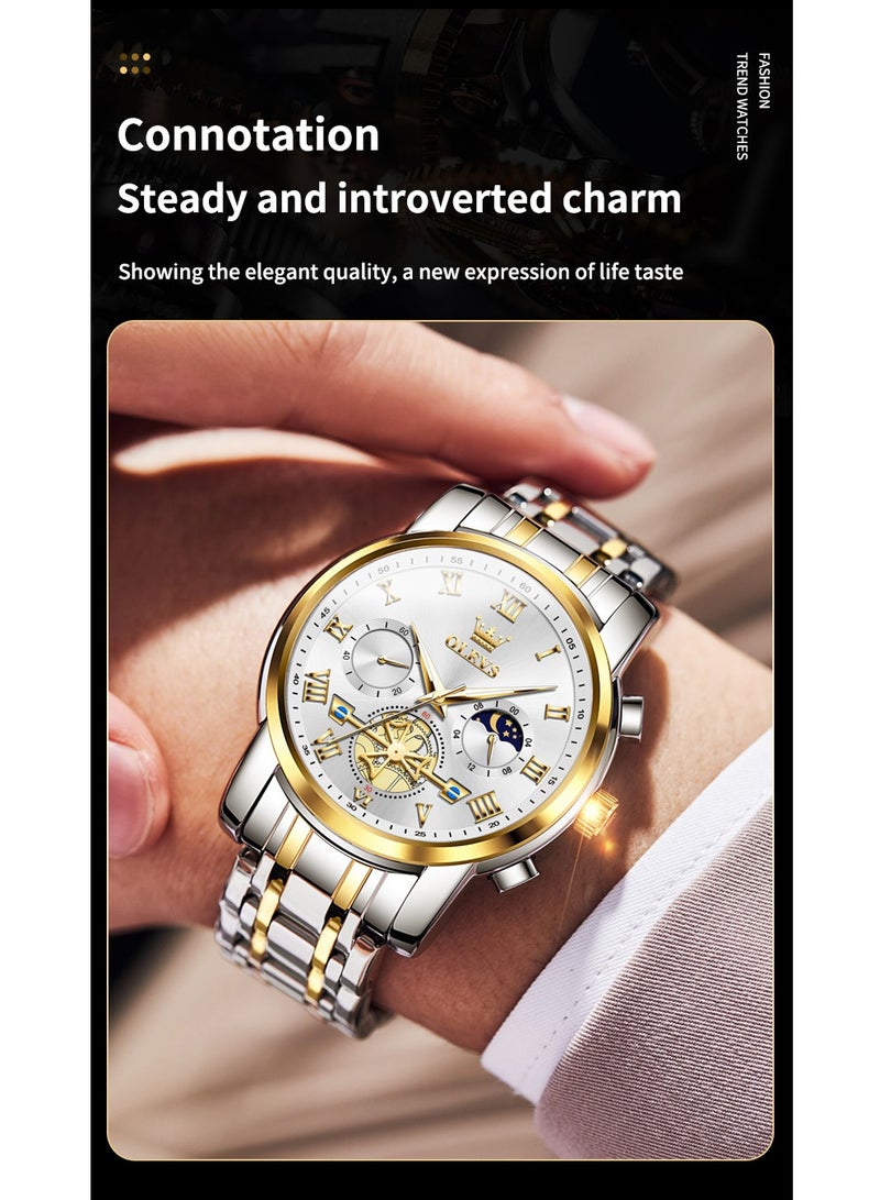 OLEVS Watches For Men Fashion Stainless Steel Quartz Chronograph Water Resistant Watch Gold and Silver 42mm 2859 - Image 3