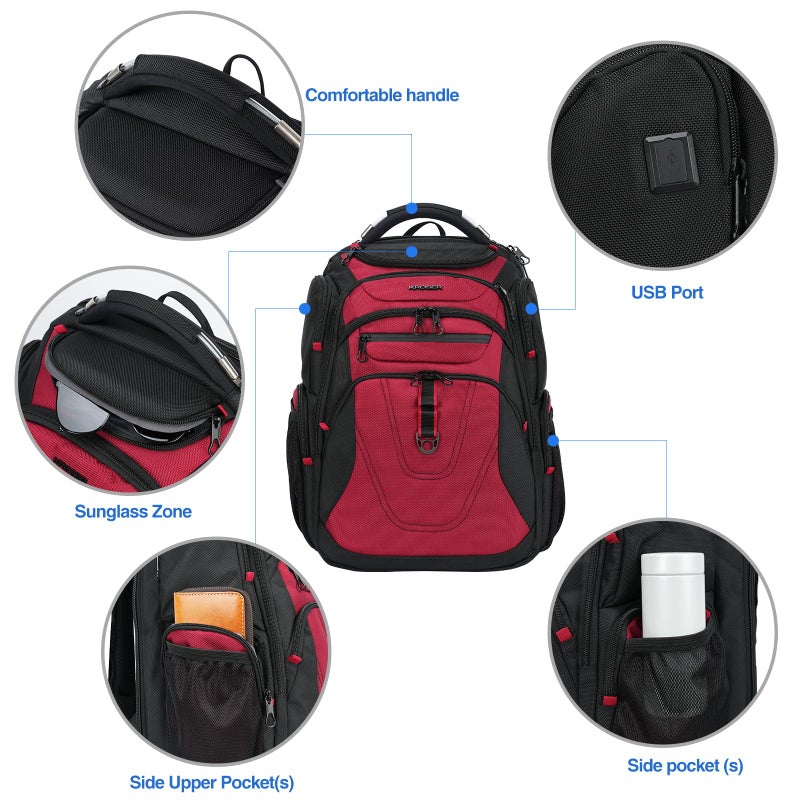 KROSER Friendly Travel Laptop Backpack 17.3 inch XXXL Gaming Backpack Water-Repellent College Daypack Business Backpack with RFID Pockets & USB Port for Men/Women-Black/Red - Image 4